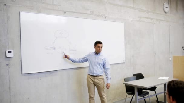 Profesor o profesor en la pizarra blanca en la sala de conferencias — Vídeo de stock