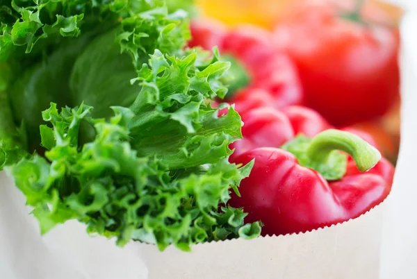Primer plano de bolsa de papel con verduras y verduras — Foto de Stock