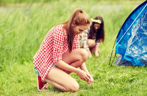 Lächelnde Freunde bauen Zelt im Freien auf — Stockfoto