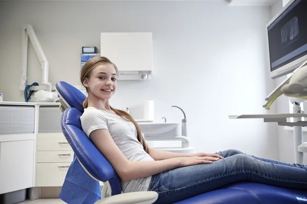 Щаслива дівчина-пацієнтка в стоматологічному кабінеті — стокове фото