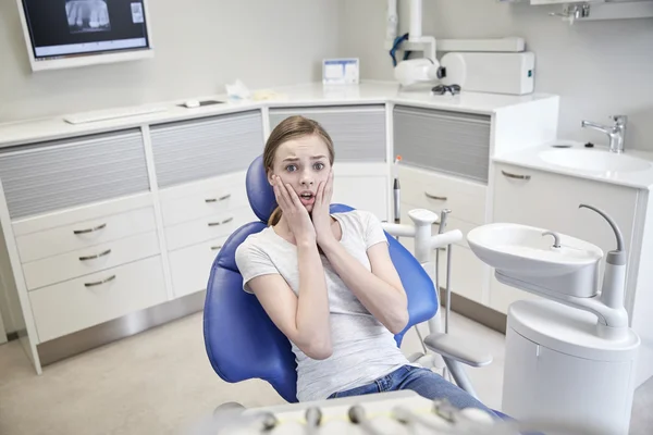Ijedt és rémült beteg lány fogászati klinika — Stock Fotó