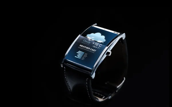 Close up of smart watch with weather forecast — Stock Photo, Image