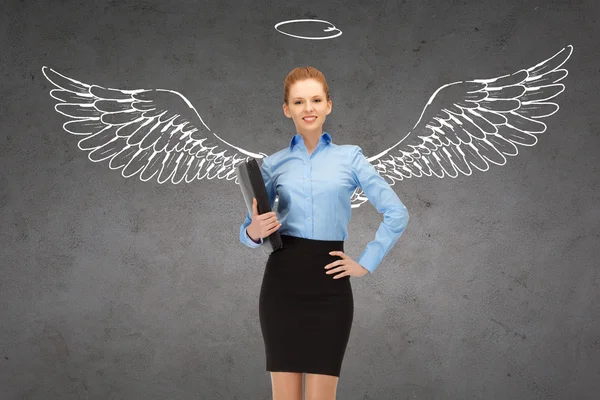 Ευτυχής επιχειρηματίας με φτερά αγγέλου και nimbus — Φωτογραφία Αρχείου