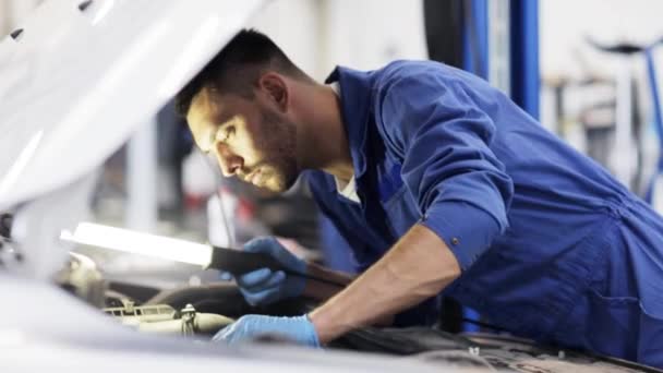 Mechaniker mit Lampe repariert Auto in Werkstatt 29 — Stockvideo