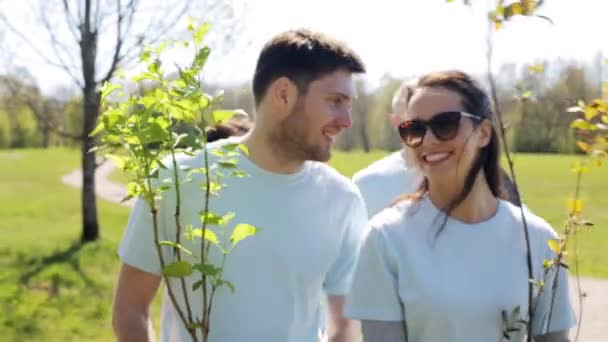 Група добровольців з розсадою дерев у парку — стокове відео