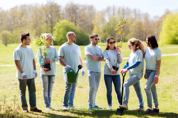 Grupo de voluntarios con árboles y rastrillo en el parque —  Fotos de Stock