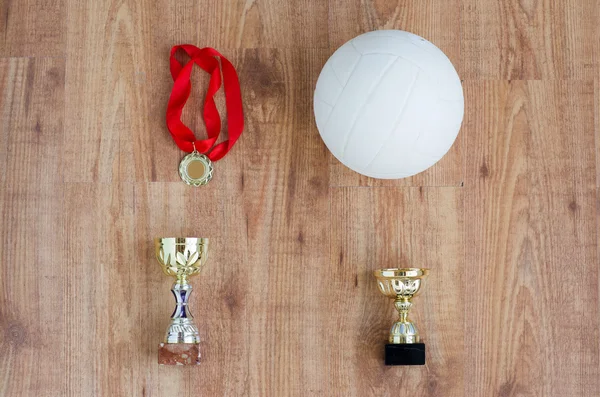 Gros plan du ballon de volleyball, des tasses et des médailles — Photo