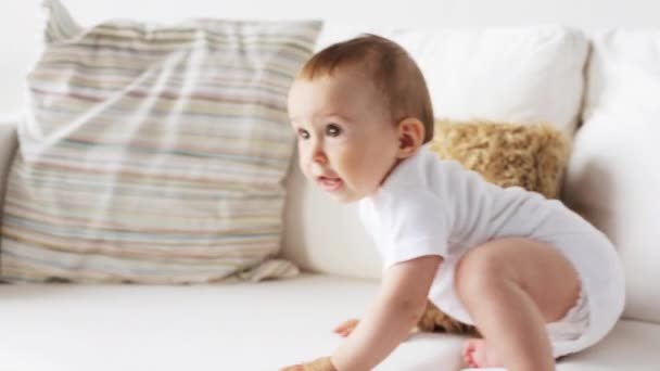 Bebê pequeno feliz rastejando ao longo do sofá em casa 7 — Vídeo de Stock