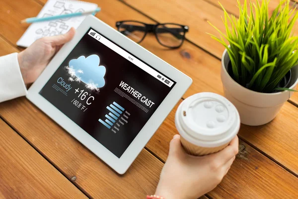 Close up of woman with weather cast on tablet pc — Stock Photo, Image