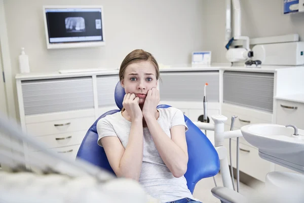 Strach a hrůzu pacientů dívka na zubní klinice — Stock fotografie