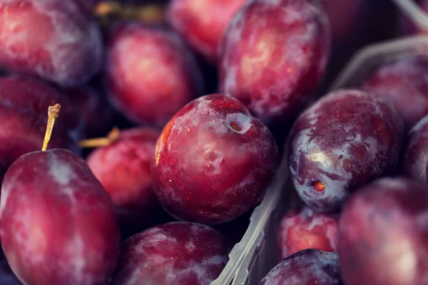 Close up de satsuma ameixas em caixa no mercado de rua — Fotografia de Stock