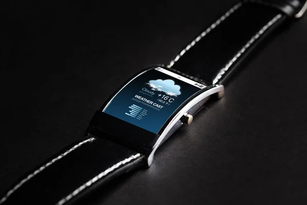 Close up of smart watch with weather forecast — Stock Photo, Image
