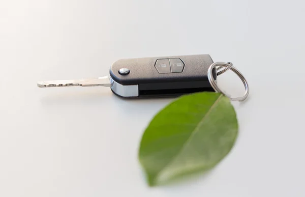 Zavřít klíč od auta a zelený list — Stock fotografie