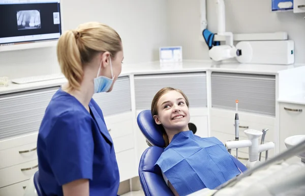 Ευτυχισμένη γυναίκα οδοντίατρος με ασθενών κορίτσι στην κλινική — Φωτογραφία Αρχείου