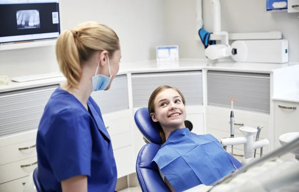 Dentista mujer feliz con chica paciente en la clínica —  Fotos de Stock