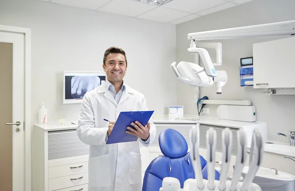 Glücklicher Zahnarzt mit Klemmbrett in Zahnklinik — Stockfoto