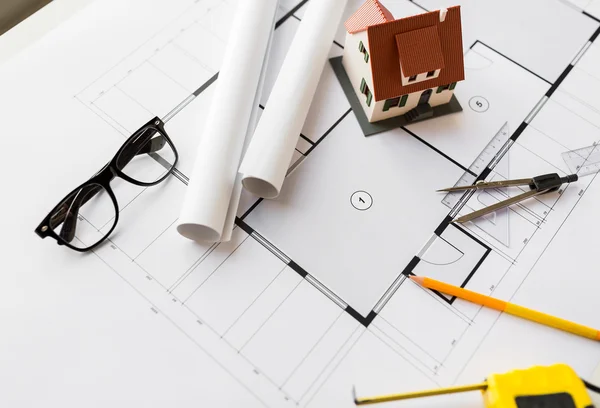 Close up of architectural blueprint and tools — Stock Photo, Image