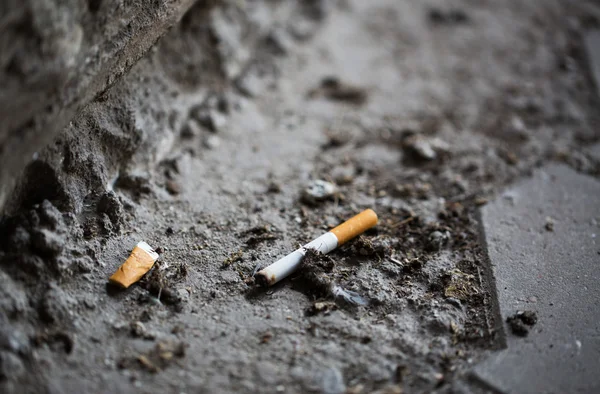 Närbild på rökt cigarettfimp på marken — Stockfoto