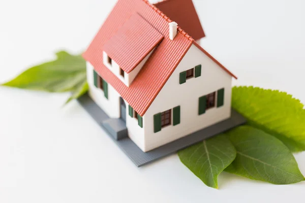 Close up of house model and green leaves — Stock Photo, Image