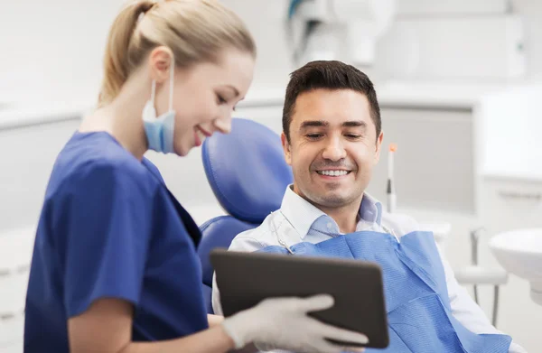 Zahnärztin mit Tablet-PC und Patient — Stockfoto