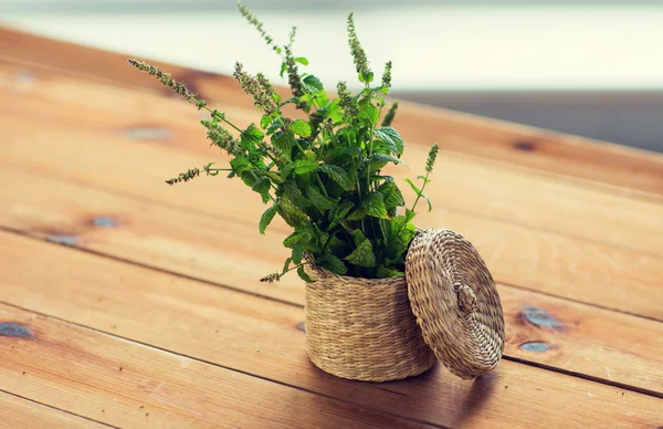 Close up of melissa in basket on wooden table — Stock Photo, Image