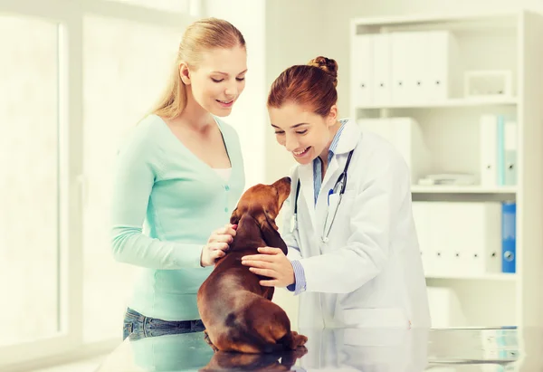 Mulher feliz com cão e médico na clínica veterinária — Fotografia de Stock