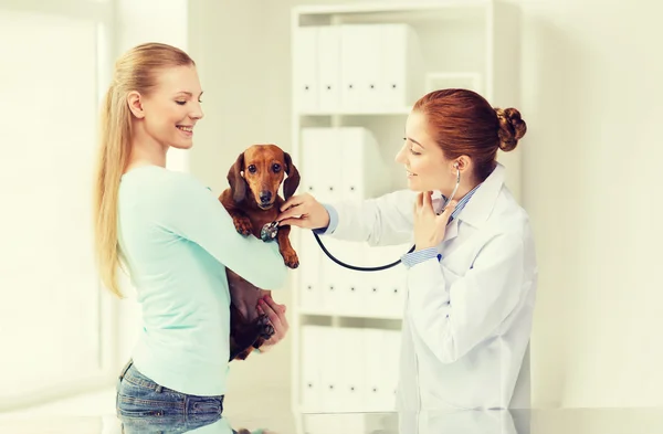 Счастливая женщина с собакой и врачом в ветеринарной клинике — стоковое фото