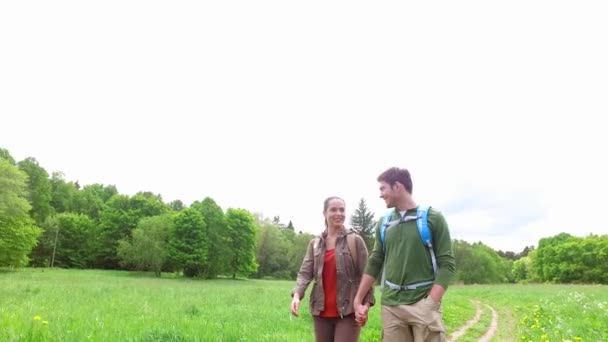 Pareja feliz con mochilas caminando por el camino del campo — Vídeos de Stock