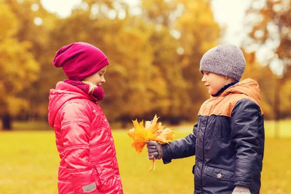 Mały chłopiec dając autumn klonowe listowie dziewczyna — Zdjęcie stockowe