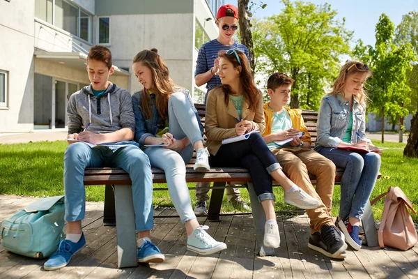 Grupa studentów z notebookami na dziedzińcu szkolnym — Zdjęcie stockowe