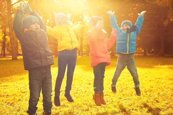 Skupina šťastných dětí baví v podzimním parku Stock Obrázky