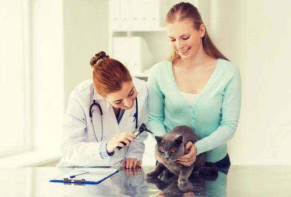 Mulher feliz com gato e médico na clínica veterinária — Fotografia de Stock