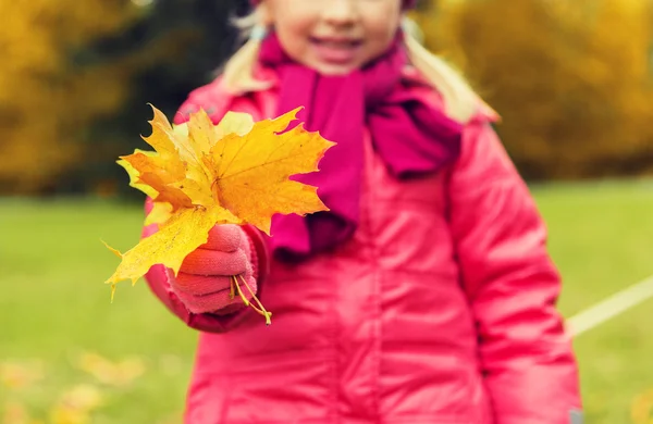 Close up of happy girl with autumnn maple leaves — 图库照片