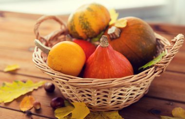 close up of pumpkins in basket on wooden table clipart