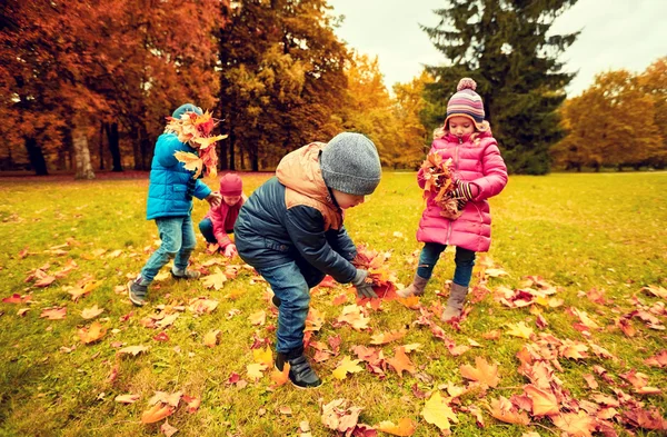 Groep kinderen verzamelen van bladeren in de herfst park — Stockfoto