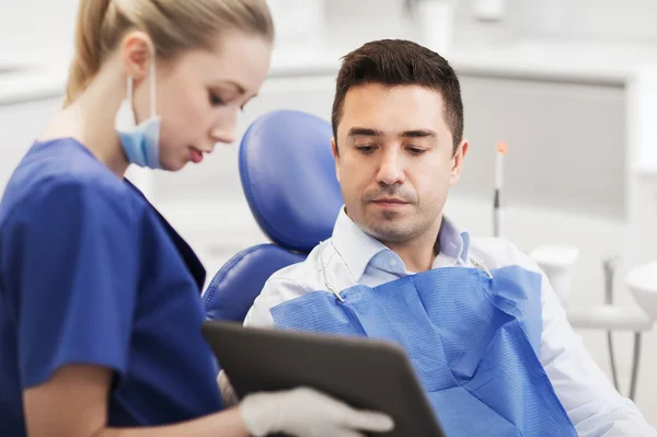 Kvinnliga tandläkare med TabletPC och manlig patient — Stockfoto