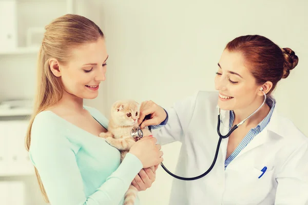 Счастливая женщина с кошкой и врачом в ветеринарной клинике — стоковое фото