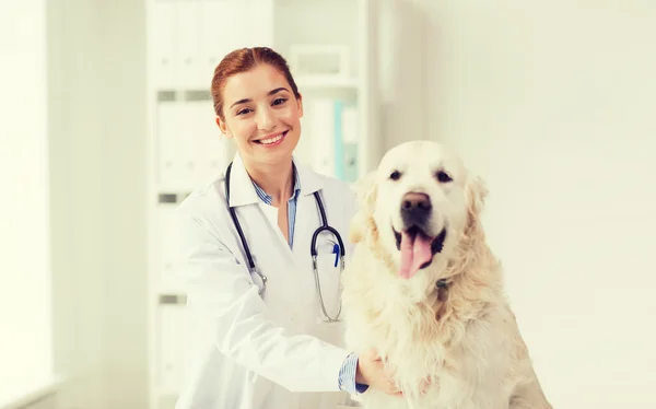 Ευτυχισμένος γιατρός με retriever σκύλου στο ΚΤΗΝΙΑΤΡΙΚΗ ΚΛΙΝΙΚΗ — Φωτογραφία Αρχείου