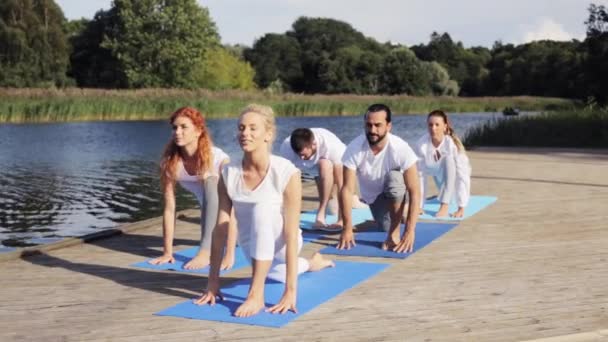 Група людей, що роблять вправи з йоги на відкритому повітрі — стокове відео
