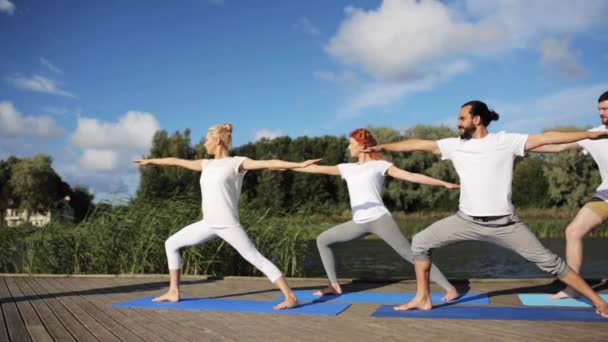 Gruppe von Menschen, die Yoga-Übungen im Freien machen — Stockvideo
