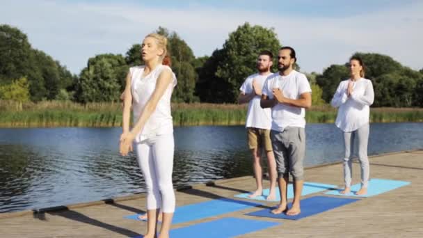 Groep mensen die buiten yoga oefeningen doen — Stockvideo