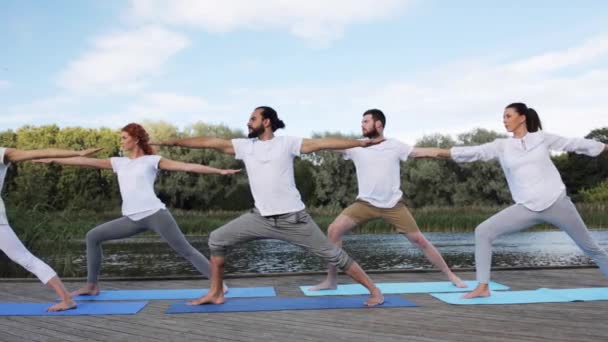 Gruppe von Menschen, die Yoga-Übungen im Freien machen — Stockvideo