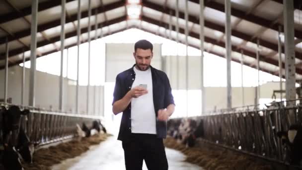 Homem mensagens de texto no smartphone e vacas na fazenda de laticínios — Vídeo de Stock