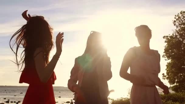 Grupp av lyckliga kvinnor eller flickor som dansar på stranden 40 — Stockvideo