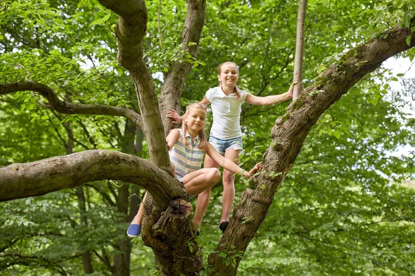 Deux filles heureuses grimpant à l'arbre dans le parc d'été — Photo