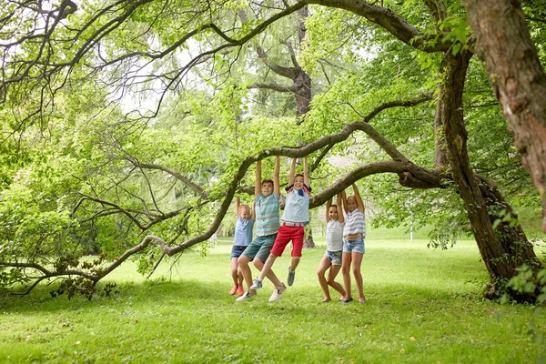 Niños felices colgando en el árbol en el parque de verano — Foto de Stock