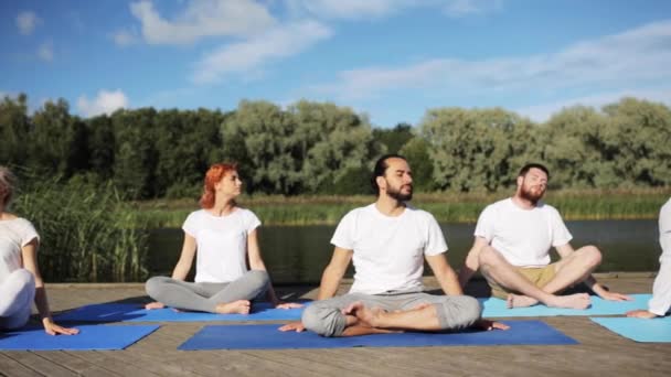 Group of people making yoga exercises outdoors — Stock Video