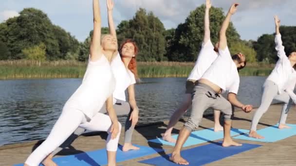 Grupo de pessoas fazendo exercícios de ioga ao ar livre — Vídeo de Stock
