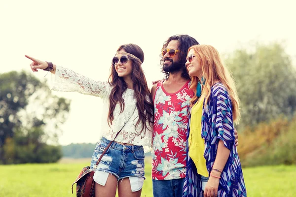 Giovani amici hippie sorridenti sul campo verde — Foto Stock