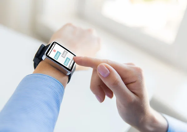 Close up of hands with messenger on smart watch — Stock Photo, Image